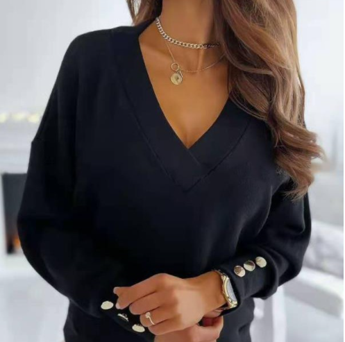 Solid Color Cuff Button Top V-Neck Knit Sweater