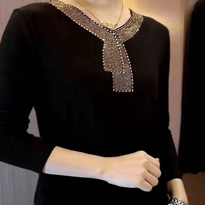 2026 High quality winter velvet long sleeve t-shirt with rhinestones, warm and fashionable