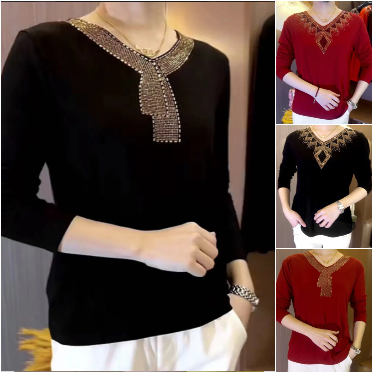 2026 High quality winter velvet long sleeve t-shirt with rhinestones, warm and fashionable