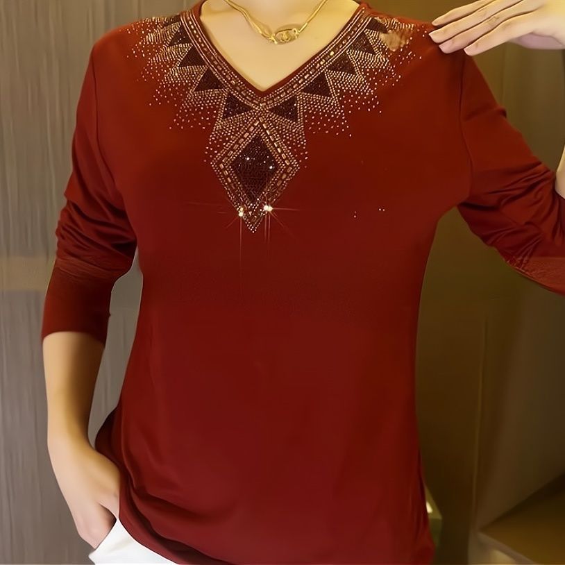 2026 High quality winter velvet long sleeve t-shirt with rhinestones, warm and fashionable