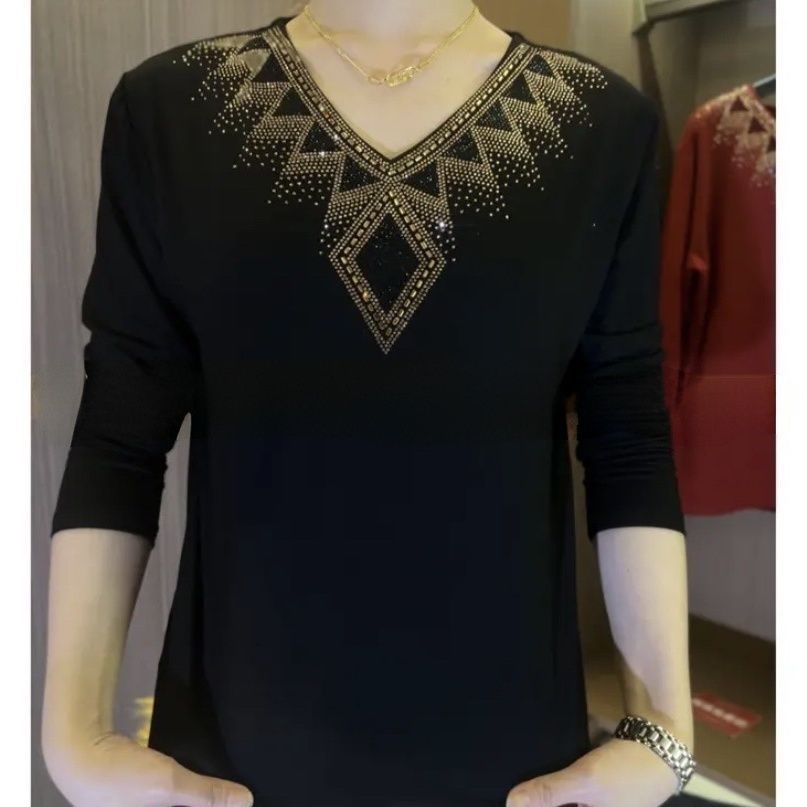 2026 High quality winter velvet long sleeve t-shirt with rhinestones, warm and fashionable