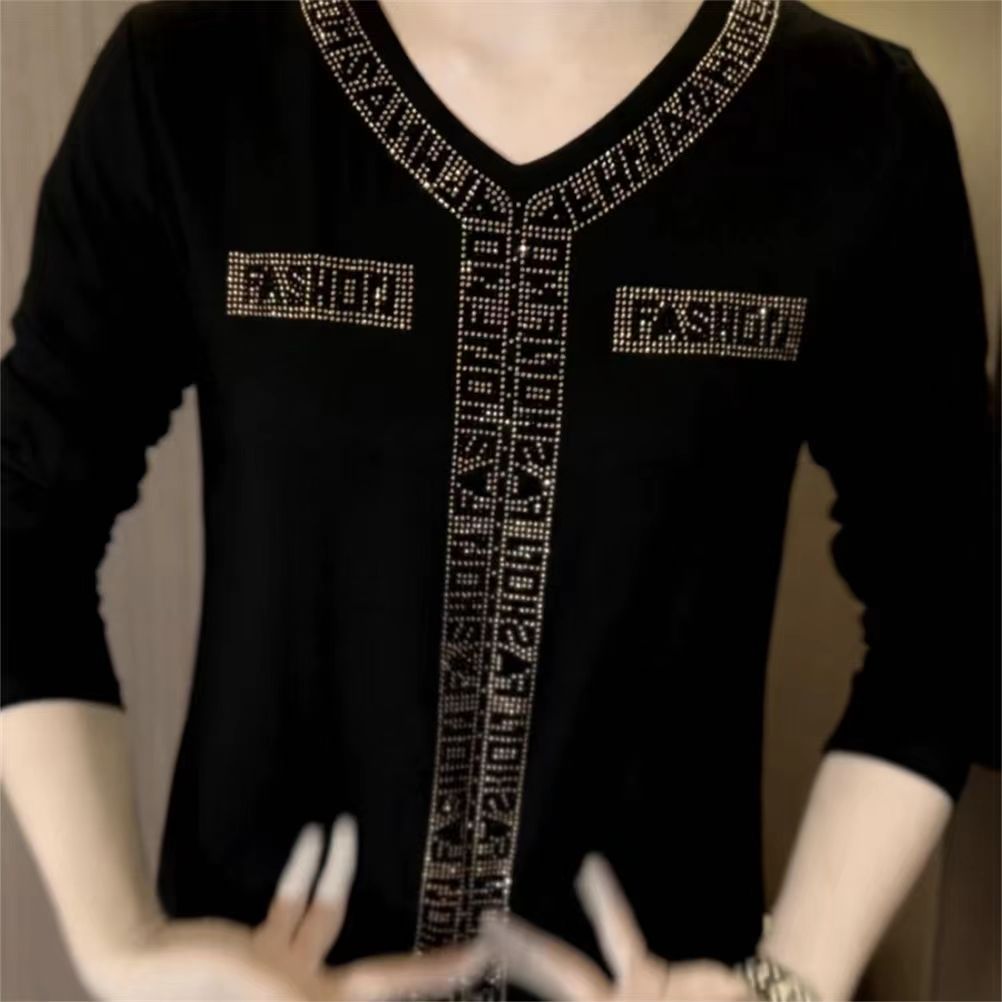 2026 High quality winter velvet long sleeve t-shirt with rhinestones, warm and fashionable