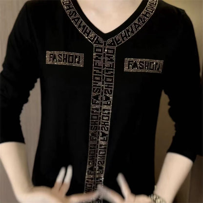 2026 High quality winter velvet long sleeve t-shirt with rhinestones, warm and fashionable