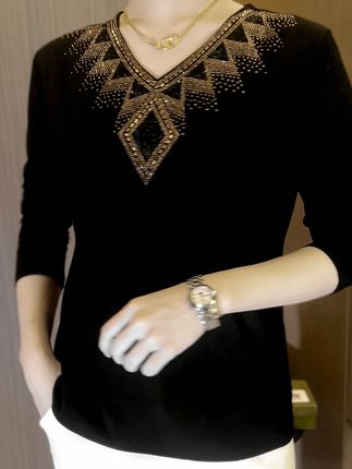 2026 High quality winter velvet long sleeve t-shirt with rhinestones, warm and fashionable