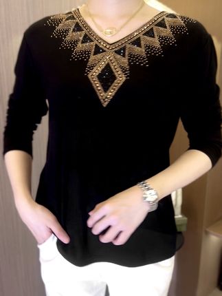 2026 High quality winter velvet long sleeve t-shirt with rhinestones, warm and fashionable