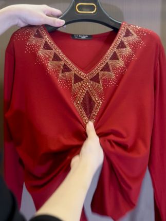 2026 High quality winter velvet long sleeve t-shirt with rhinestones, warm and fashionable