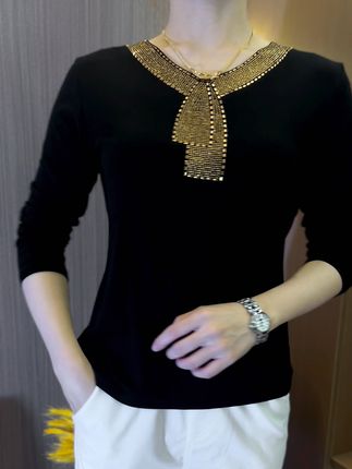 2026 High quality winter velvet long sleeve t-shirt with rhinestones, warm and fashionable