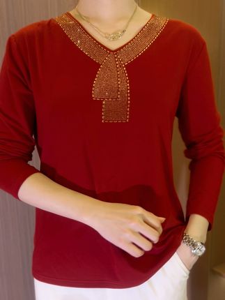 2026 High quality winter velvet long sleeve t-shirt with rhinestones, warm and fashionable