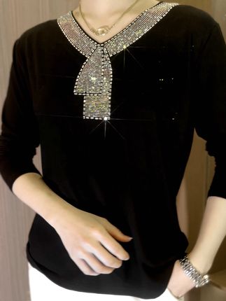 2026 High quality winter velvet long sleeve t-shirt with rhinestones, warm and fashionable