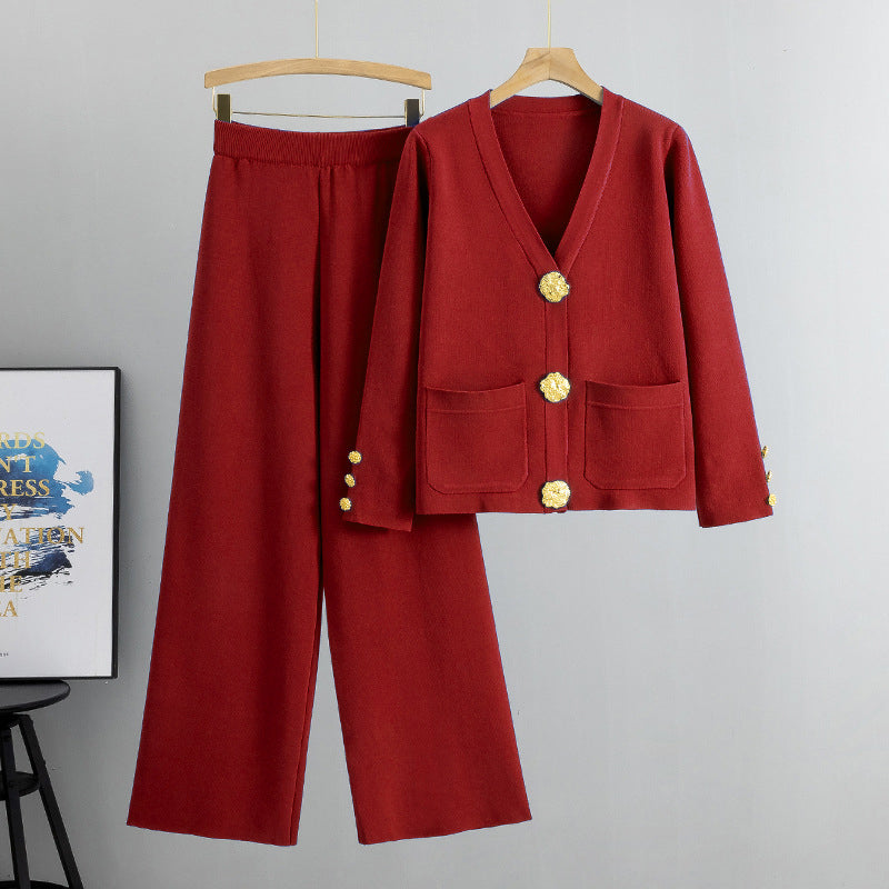 🎅Christmas Gift idea 49% Off 🖤Gold Button Soft Knit Trouser Co-Ord