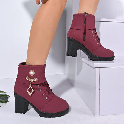Women's Chunky Heeled Ankle Boots with Rhinestone Decor