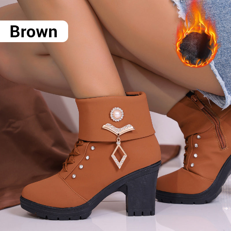 Women's Chunky Heeled Ankle Boots with Rhinestone Decor