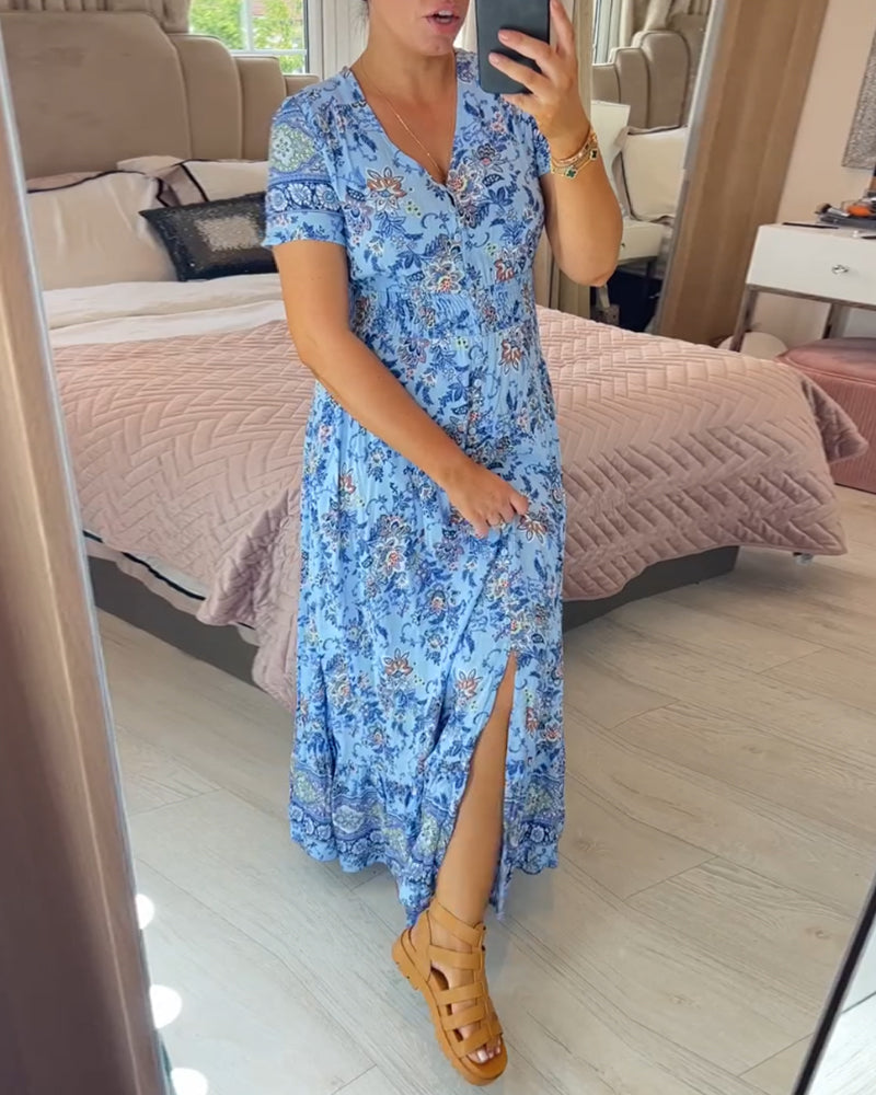 💃🔥 Print-cozy v-neck long-dress