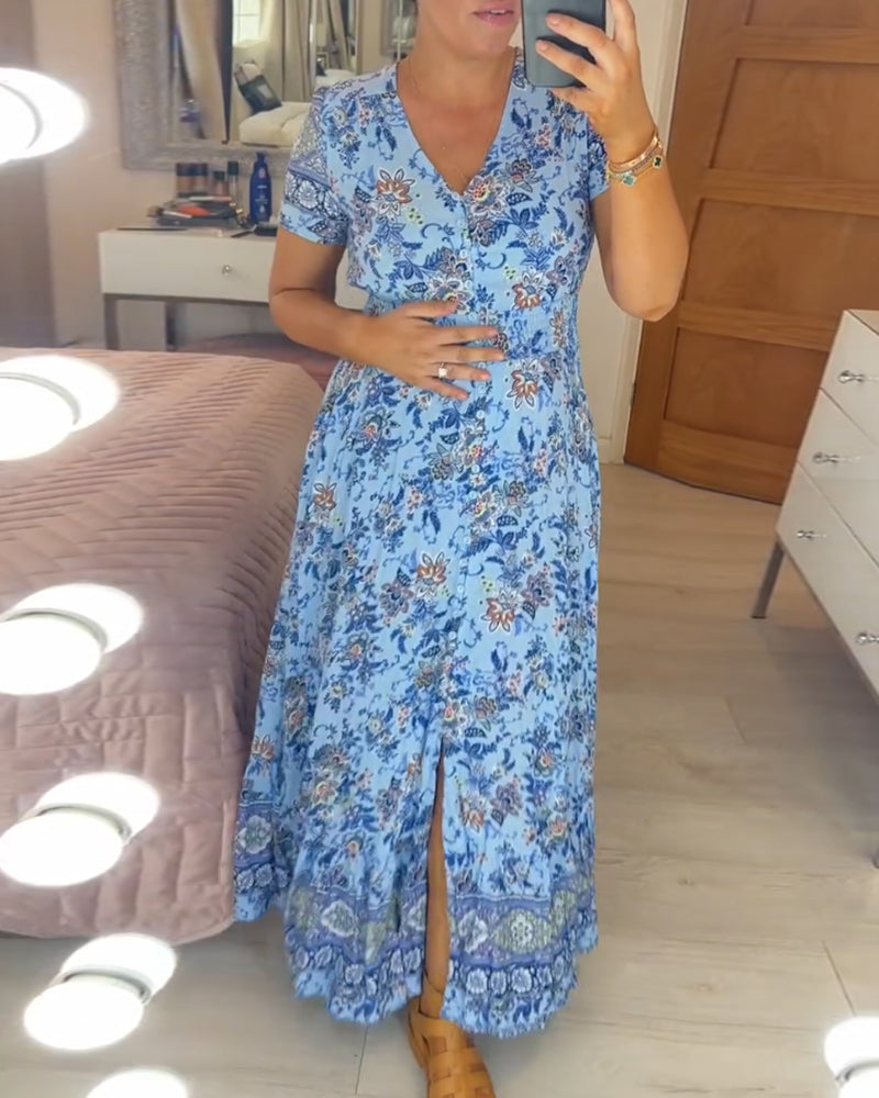 💃🔥 Print-cozy v-neck long-dress