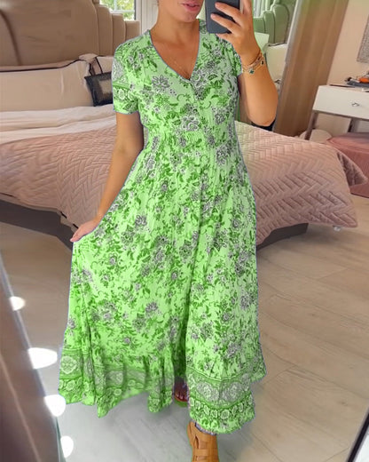 💃🔥 Print-cozy v-neck long-dress