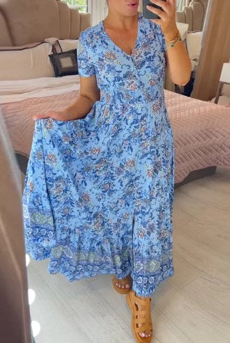 💃🔥 Print-cozy v-neck long-dress