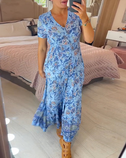 💃🔥 Print-cozy v-neck long-dress