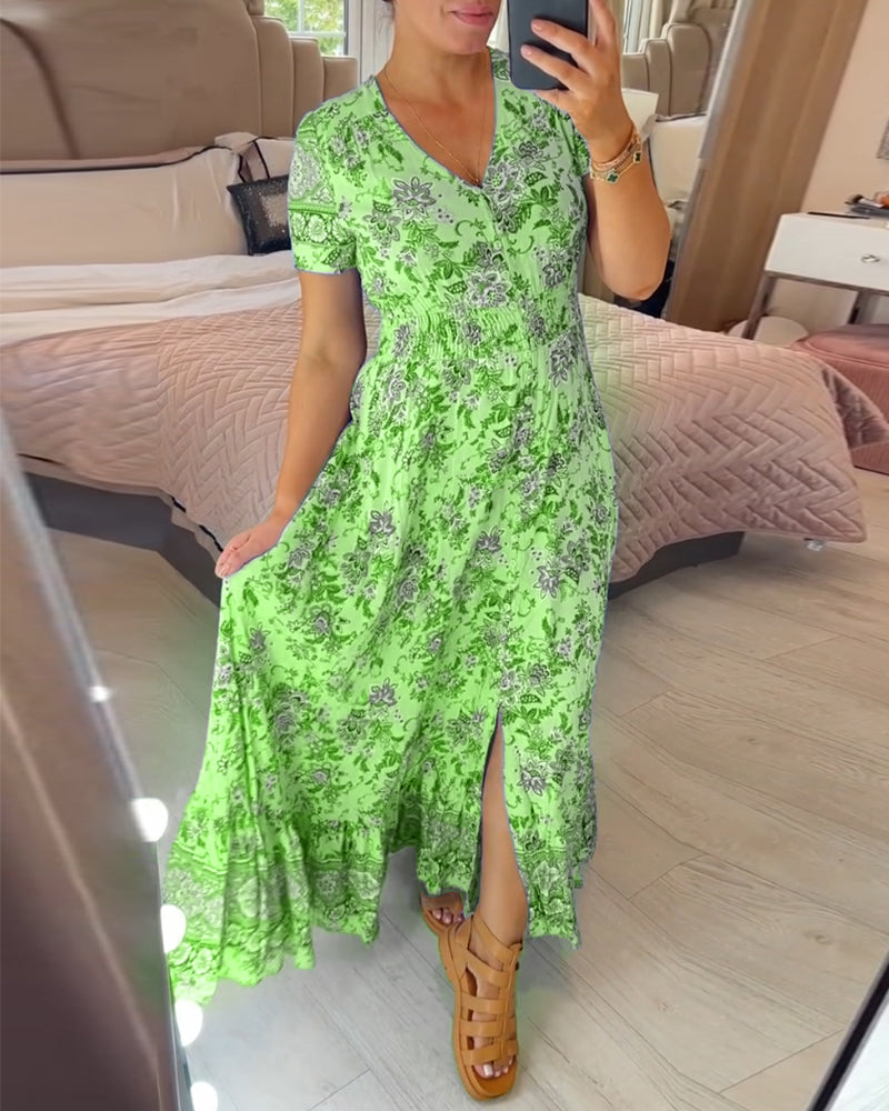 💃🔥 Print-cozy v-neck long-dress