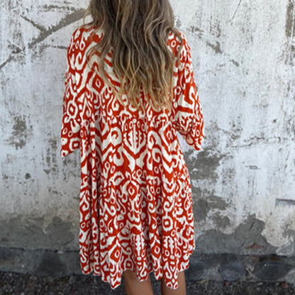 💖Limited Sale 50% OFF💖V-Neck Printed Three-Quarter Sleeve Dress