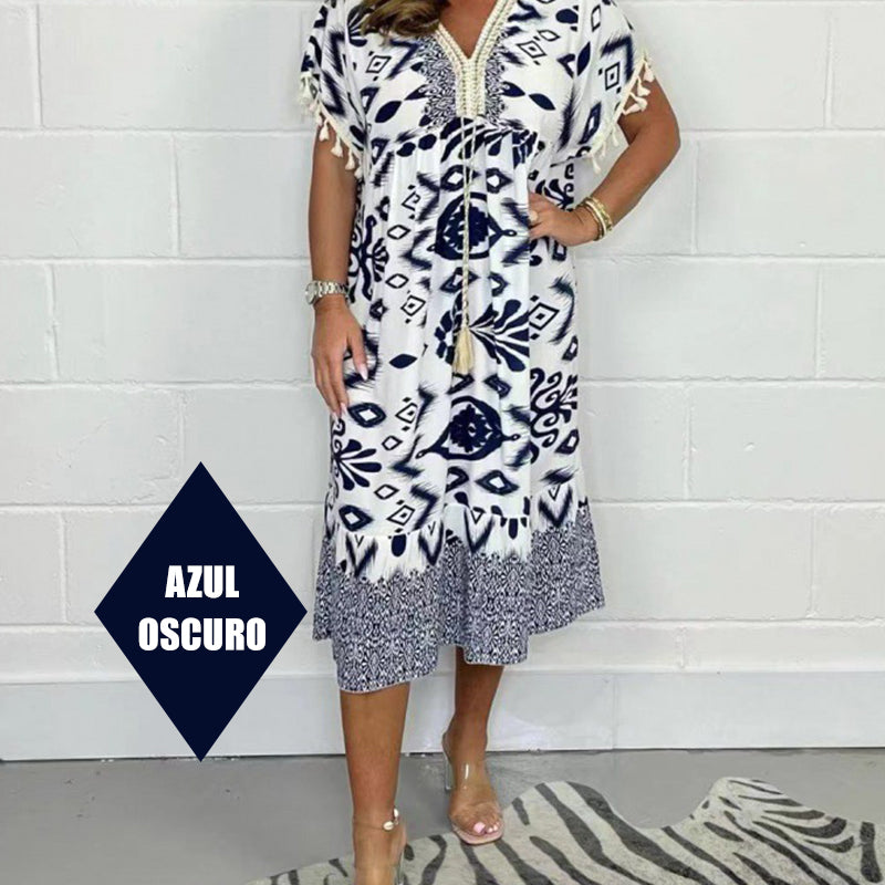 😍⏳Summer Hot Sale 49% Off🌼Printed Casual Dress With V-Neckline and Fringes on the Short Sleeves