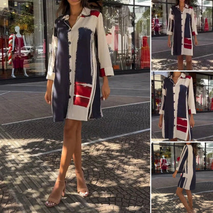 Women’s Casual Color Block Shirt Dress with Button Front