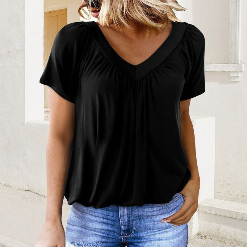 ✨ Hot Sale-50% Discount✨Women's Casual Pleated V-Neck Short-Sleeve Top