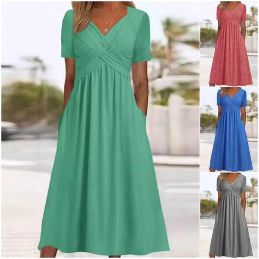 🍀LAST DAY SALE 50% OFF🍀Women’s V-Neck Short Sleeve Long Dresses