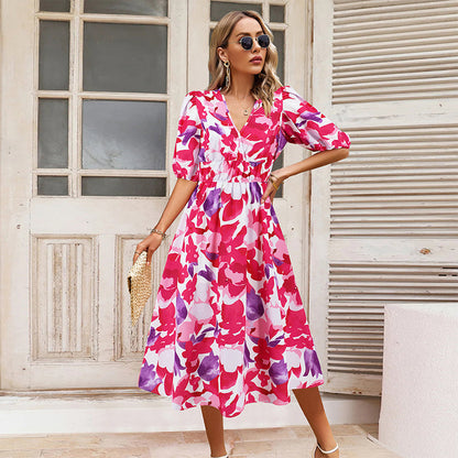 Women's V-neck Printed Casual Dress