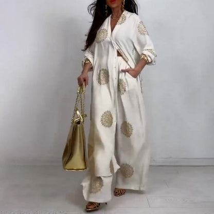Women's Loose V-Neck Top & Printed Wide Leg Pants Two Piece Set🌺BUY 2 GET FREE SHIPPING