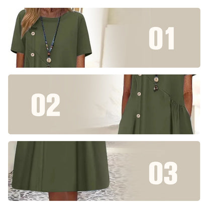 Women's dress with short sleeves and a decorative button