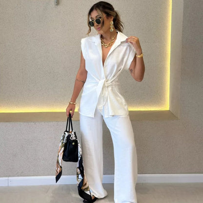 Elegant Waisted Top & Casual Pants Set