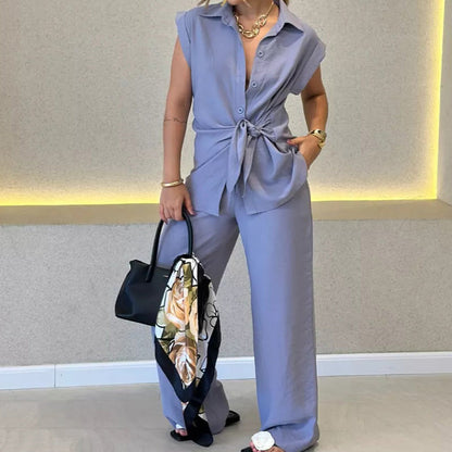 Elegant Waisted Top & Casual Pants Set