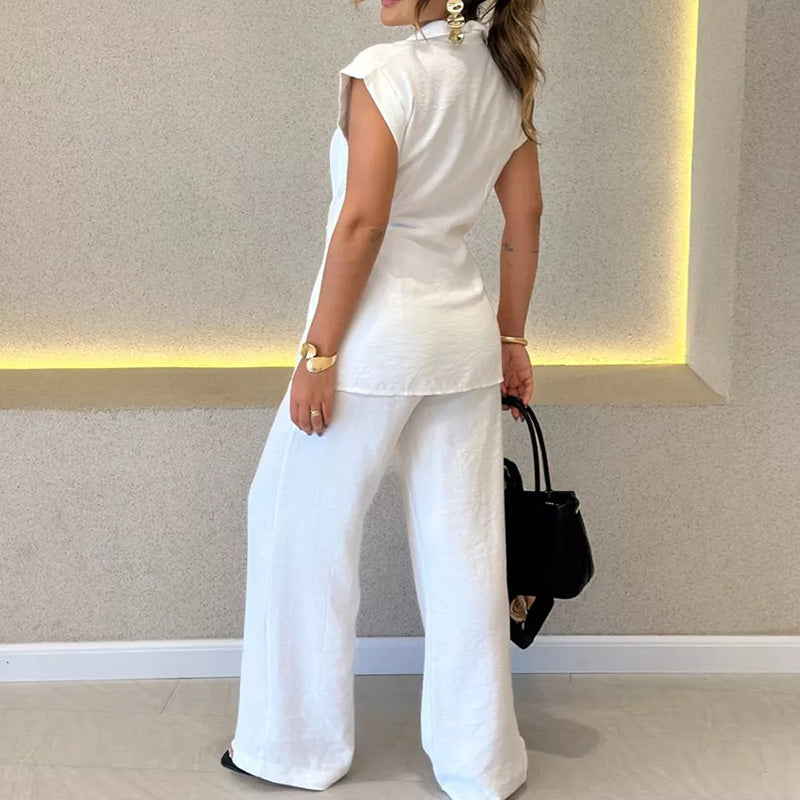 Elegant Waisted Top & Casual Pants Set