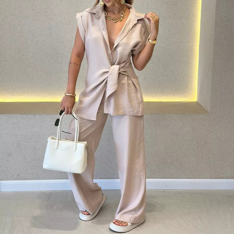 Elegant Waisted Top & Casual Pants Set