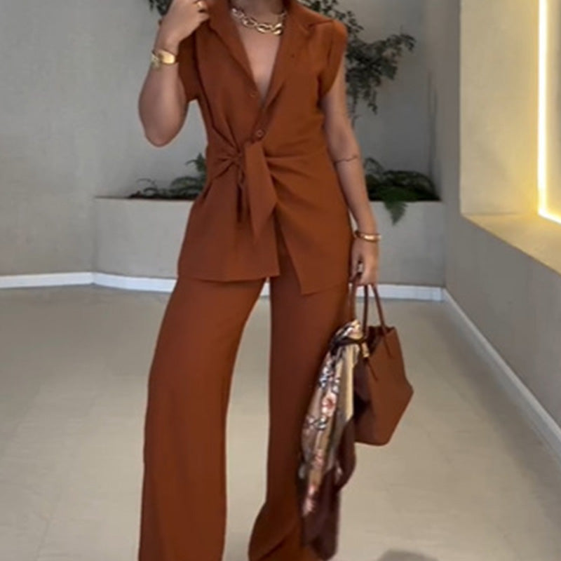 Elegant Waisted Top & Casual Pants Set