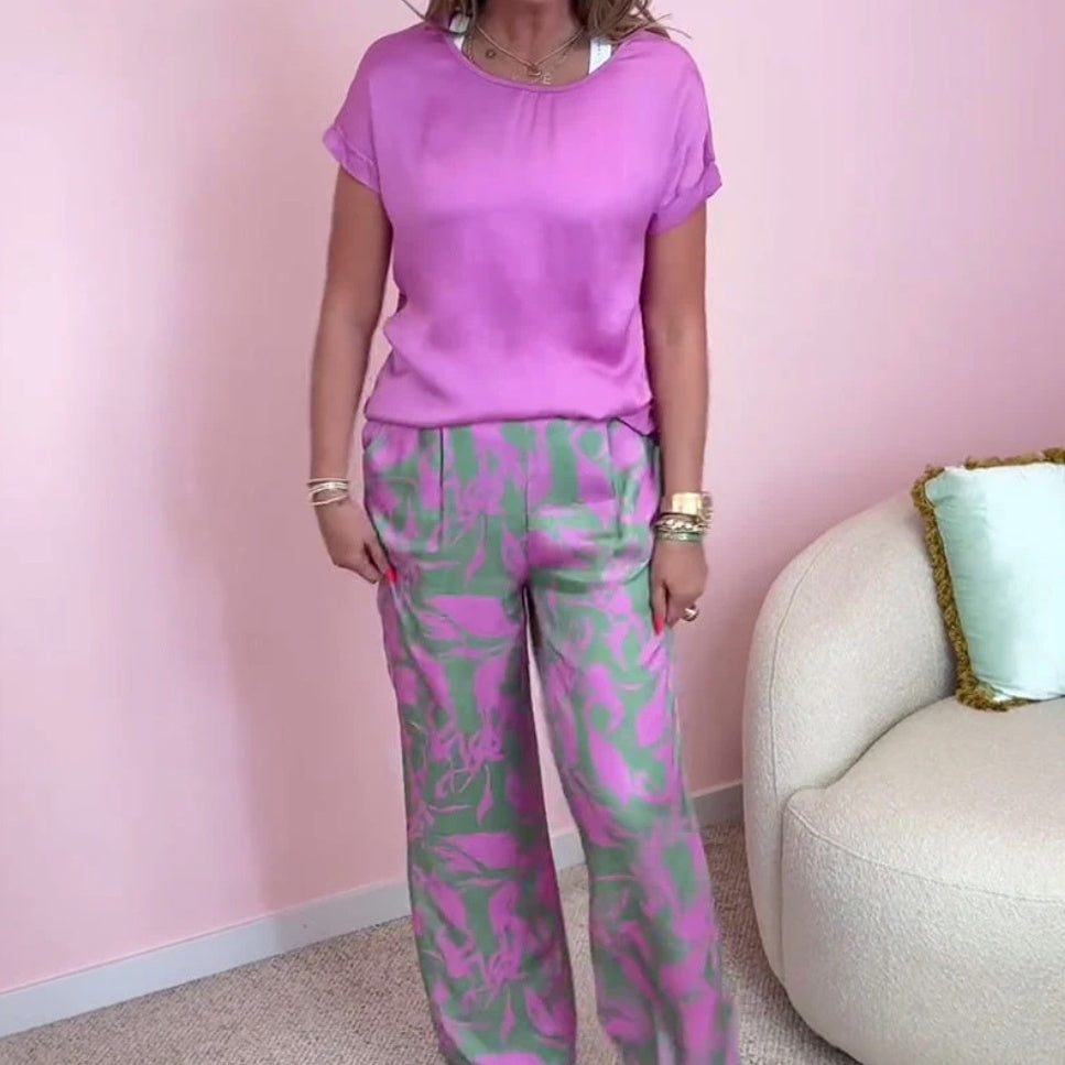 Top & Printed Wide-Leg Pants 2-Piece Set