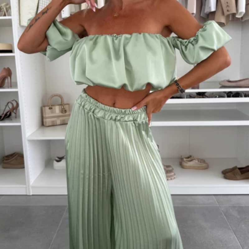 💖LAST DAY SALE 50% OFF💖Women’s Sexy Solid Color Top Wide Leg Pants Two Pieces Set
