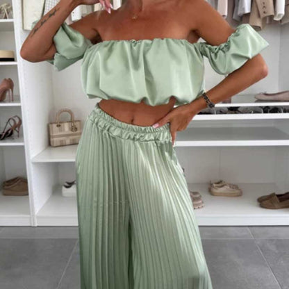 💖LAST DAY SALE 50% OFF💖Women’s Sexy Solid Color Top Wide Leg Pants Two Pieces Set