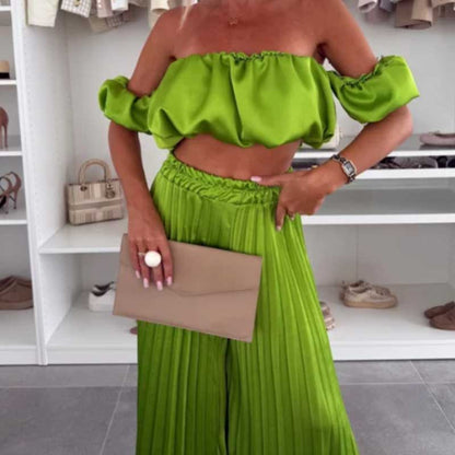 💖LAST DAY SALE 50% OFF💖Women’s Sexy Solid Color Top Wide Leg Pants Two Pieces Set
