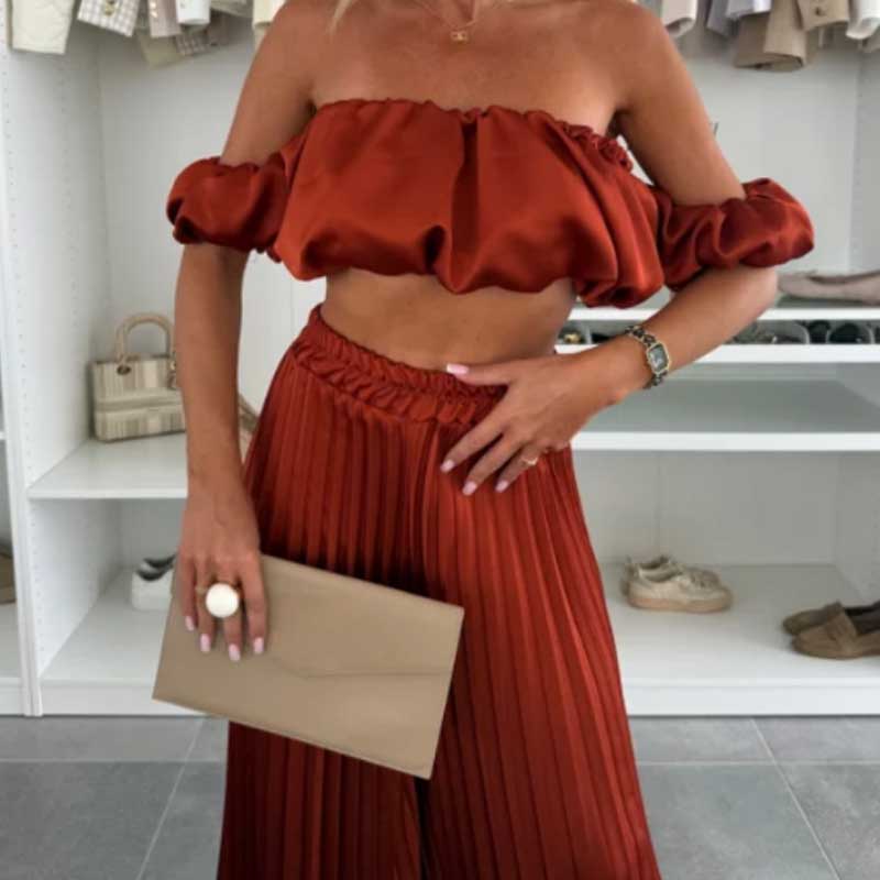 💖LAST DAY SALE 50% OFF💖Women’s Sexy Solid Color Top Wide Leg Pants Two Pieces Set