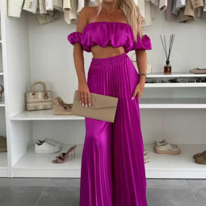 💖LAST DAY SALE 50% OFF💖Women’s Sexy Solid Color Top Wide Leg Pants Two Pieces Set
