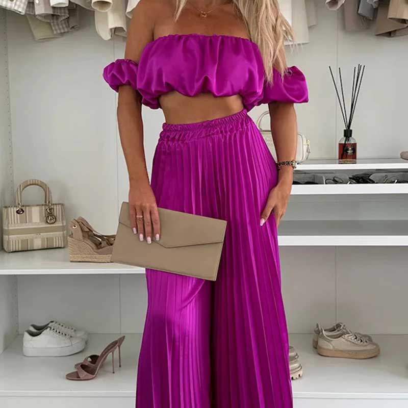 💖LAST DAY SALE 50% OFF💖Women’s Sexy Solid Color Top Wide Leg Pants Two Pieces Set