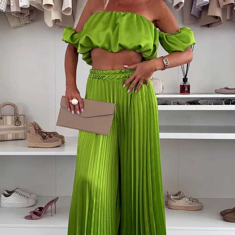 💖LAST DAY SALE 50% OFF💖Women’s Sexy Solid Color Top Wide Leg Pants Two Pieces Set