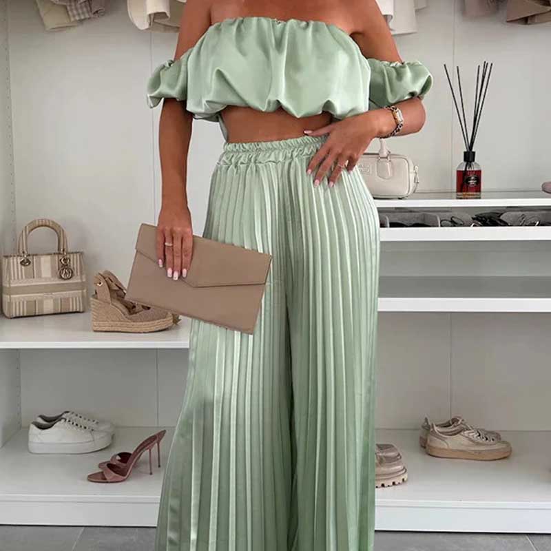 💖LAST DAY SALE 50% OFF💖Women’s Sexy Solid Color Top Wide Leg Pants Two Pieces Set