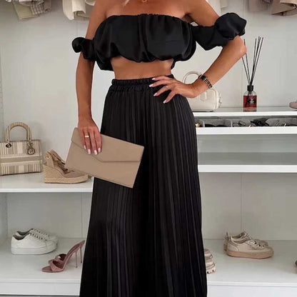 💖LAST DAY SALE 50% OFF💖Women’s Sexy Solid Color Top Wide Leg Pants Two Pieces Set