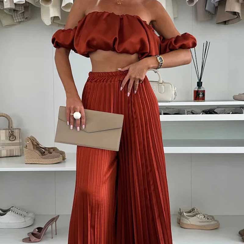 💖LAST DAY SALE 50% OFF💖Women’s Sexy Solid Color Top Wide Leg Pants Two Pieces Set