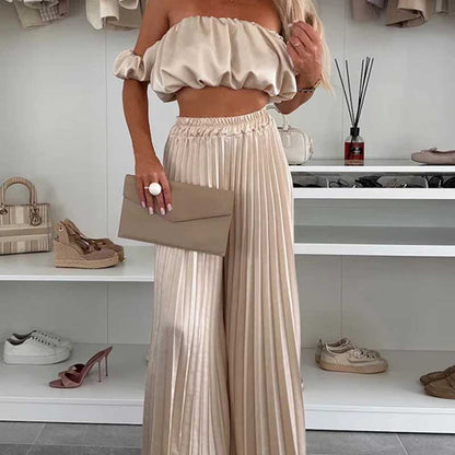 💖LAST DAY SALE 50% OFF💖Women’s Sexy Solid Color Top Wide Leg Pants Two Pieces Set