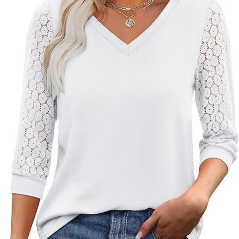 🔥Women's Casual V-Neck Lace 3/4 Length Sleeve Top