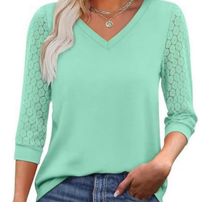 🔥Women's Casual V-Neck Lace 3/4 Length Sleeve Top