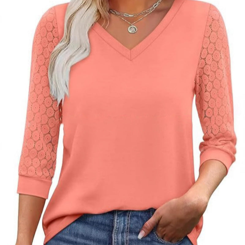 🔥Women's Casual V-Neck Lace 3/4 Length Sleeve Top